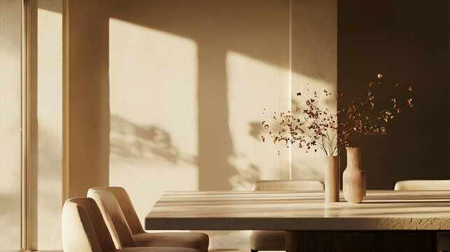 Warm light illuminating dining table and chairs with vase and branches, in minimal and stylish interior design, inviting atmosphere
