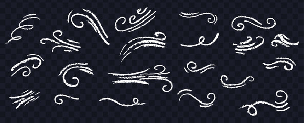 Set of black motion lines. Collection of modern abstract wind symbols. Hand drawn by wax, chalk or charcoal pen cartoon curly squiggle, craft weather hurricane sign. Vector illustration