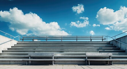 Panorama of Bleachers with Railings, Seating Bench, Close-up Against Building and Cloudy Blue Sky