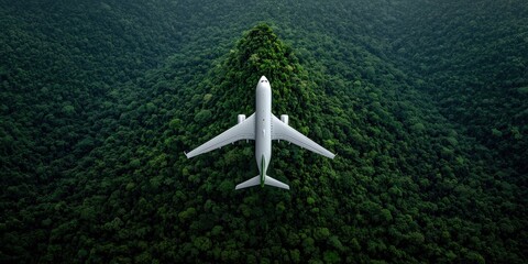 Airplane flying over lush rainforest mountains aerial photography natural landscape serene environment