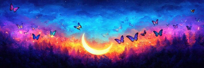Obraz premium Enchanting fantasy forest with glowing butterflies under a celestial moon vibrant landscape dreamlike atmosphere
