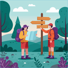 Hikers Consulting Map at Trail Sign Post in Forest Scene