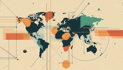 Abstract world map, global connections, beige background, modern design
