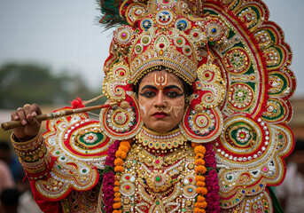 Fototapeta premium Vibrant Kulasai Dussehra Festival Scene Featuring Participant in Elaborate Cultural Attire