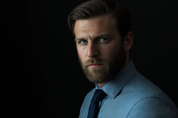 Fototapeta premium Professional portrait of a 30-year-old man wearing a light blue shirt, dark jacket, and tie, with a short beard and neatly styled hair, set against a black background for a sharp and sophisticated loo