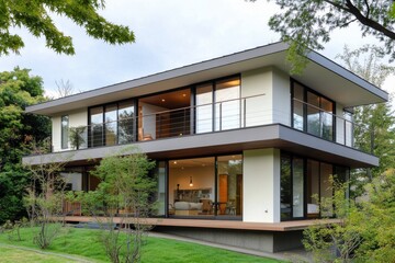 Fototapeta premium Modern two-story house with large windows.
