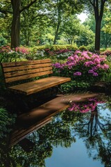 Obraz premium Serene wooden bench reflects in tranquil garden pond.