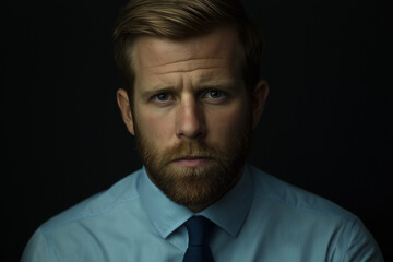 Professional portrait of a 30-year-old man wearing a light blue shirt, dark jacket, and tie, with a short beard and neatly styled hair, set against a black background for a sharp and sophisticated loo