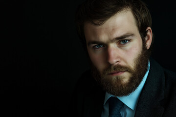 Professional portrait of a 30-year-old man wearing a light blue shirt, dark jacket, and tie, with a short beard and neatly styled hair, set against a black background for a sharp and sophisticated loo