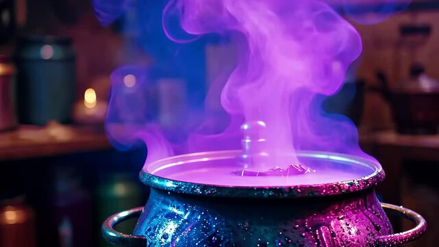 The cauldron releases vibrant purple smoke, creating an enchanting atmosphere in a dimly lit kitchen filled with ancient utensils.