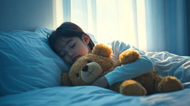 Asian girl sleeping in bed with her teddy bear. Soft and cozy fresh white bedding. Little child taking a nap in her bedroom. Comfort, serenity, relaxation concepts. Sleepy kid embracing a plush toy.