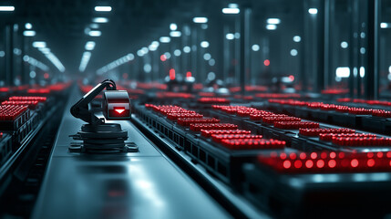 A vast industrial production hall with robotic welders fusing components, while a continuous stream of red products moves along the conveyor, highlighting mass production.