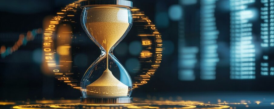 financial benefits savings performance concept. Hourglass with glowing digital elements and data background.