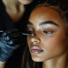Young african female receiving makeup touch-up with brush in beauty studio