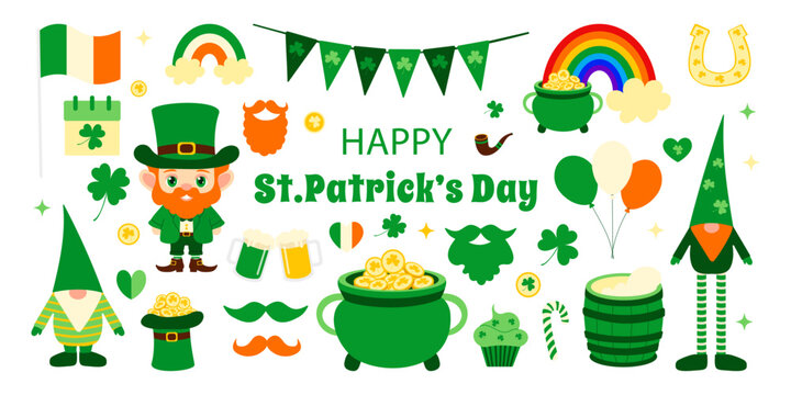 A colorful poster with various symbols and a happy message for St. Patrick's Day. The poster features a man in a green hat, a pot of gold, and other festive elements - Powered by Adobe