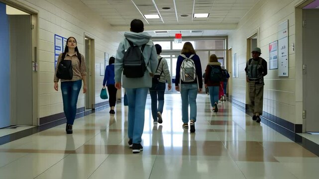 A group of students walks briskly along a school hallway, chatting and carrying backpacks as they transition between classes in the afternoon.