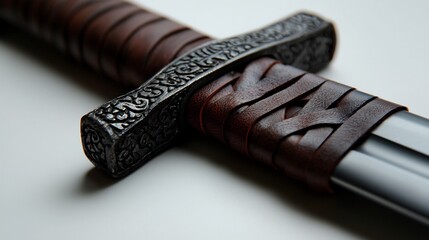 Close Up Of Scottish Claymore Sword With Intricately Designed Hilt And Leather Wrapped Handle