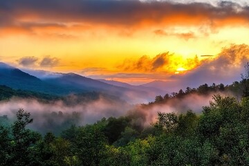 A stunning sunrise landscape at Oconaluftee Overlook, showcasing the beauty of the Great Smoky Mountains National Park between Cherokee, NC, and Gatlinburg.
