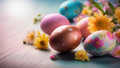 Easter eggs with flowers on table