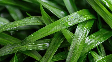 Dew-covered grass blades, close-up view, nature background, perfect for websites