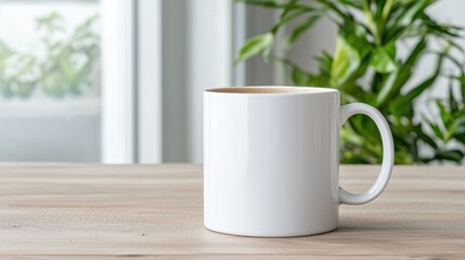 Empty white coffee mug on wooden table, near plants and window. Possible use Mockup for branding
