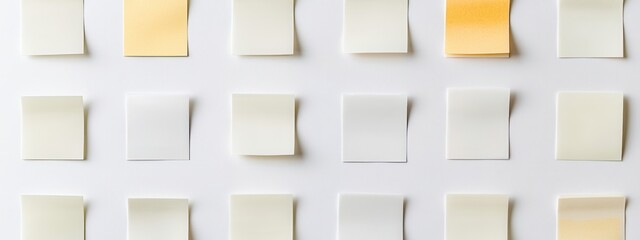 Colorful sticky notes filled with diverse ideas arranged in a neat row against a clean white backdrop