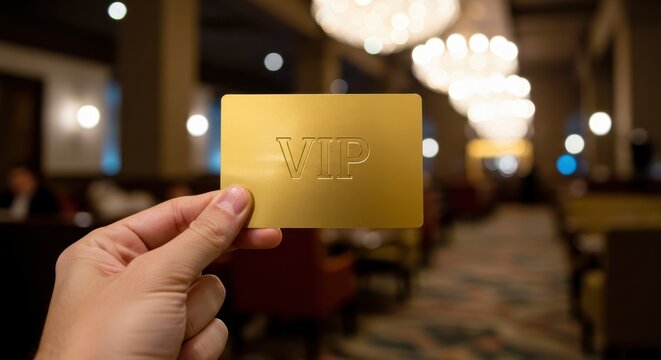 A hand is holding a golden VIP card in the foreground with a luxurious interior in the background