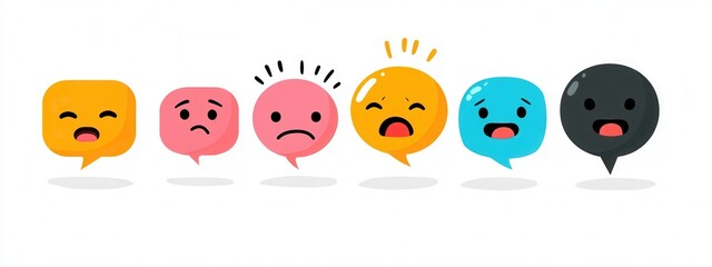 Obraz premium Colorful speech bubble icons showcasing diverse emotions, engaging design element on a clean white backdrop, ideal for communication themes