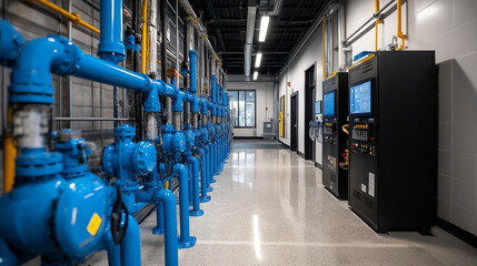A high-tech energy plant interior, showcasing blue pipes and valves carrying pressurized water, surrounded by control panels and industrial-grade monitoring equipment.