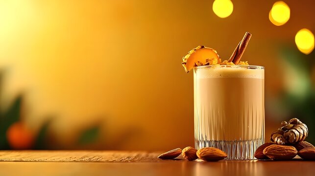 Glass with drink and nuts alongside golden turmeric latte with almond milk on a wooden surface