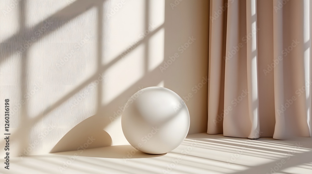 Poster white egg on a table next to a window with an abstract floating sphere in the background