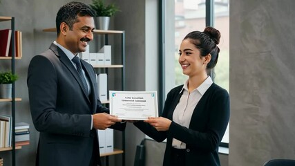 Certificate, award and Indian business people in office for recognition, achievement and success. Employee appreciation, professional development and corporate reward