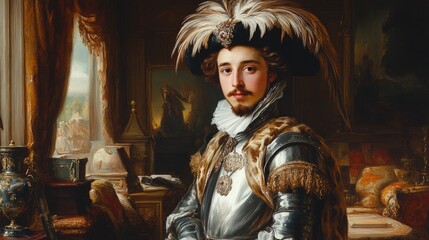 Elegant young nobleman in ornate attire, regal portrait.