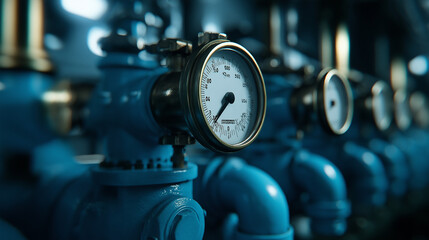 A high-pressure steam control system, featuring interconnected blue pipes, rotating valves, and complex filtration units, with gauges showing fluid pressure levels.