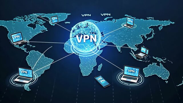 VPN, laptop and world map for cybersecurity, internet privacy and secure connection. Global network, online access and data protection for digital security
