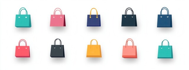 Colorful shopping bag icons arranged in a row, vibrant hues against a clean white background, ideal for retail and marketing themes