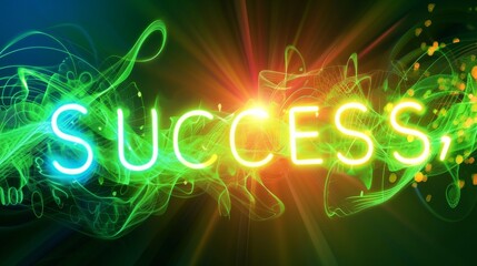 Illuminated typography featuring success in glowing colors surrounded by abstract light swirls and dynamic energy, ideal for creative and motivational projects. AI generated.
