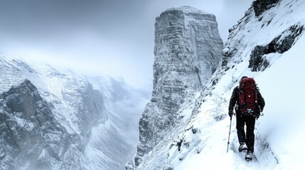 Mountaineer climbing a steep snow-covered mountain with a heavy backpack in extreme winter conditions and icy terrain

