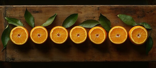 Naklejka premium Fresh Orange Halves with Glossy Skin and Green Leaves on Rustic Wooden Table
