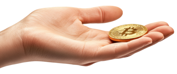 Hand presenting a physical Bitcoin coin. Cryptocurrency adoption, digital investment, blockchain technology, financial independence, and the future of money
