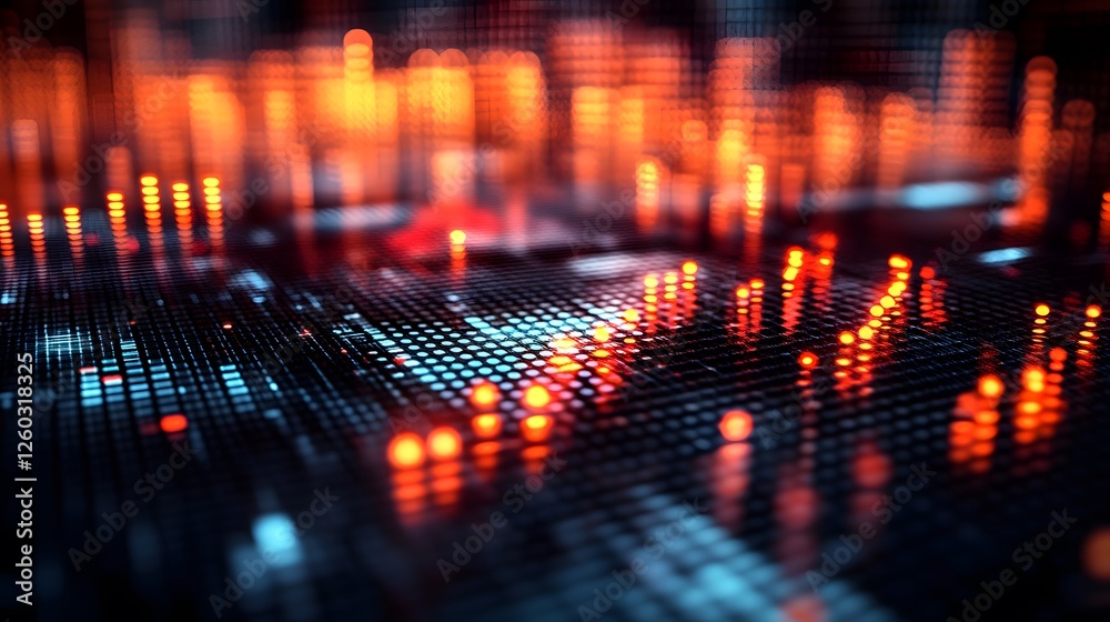 Poster close up of computer screen displaying colorful audio waveforms and lights on digital interface