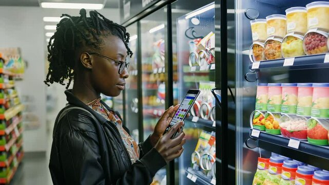 A young woman stands in a convenience store, intently browsing her smartphone while choosing snacks from a brightly lit vending machine nearby.