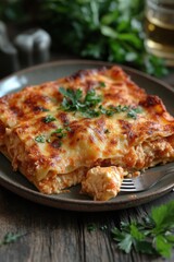 Italian lasagna with layers of pasta, cheese, and tomato sauce served on a rustic plate with fresh parsley garnish


