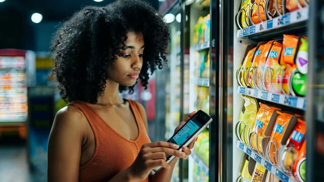 A young woman with curly hair browses her smartphone while contemplating her choice of beverages from a brightly lit vending machine in a convenience store.