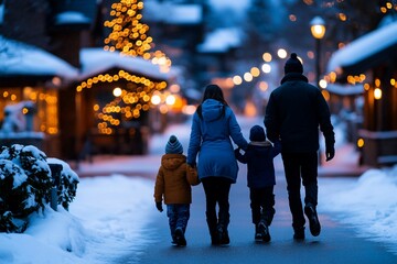 Obraz premium Family winter stroll, snowy village, Christmas lights, holiday season