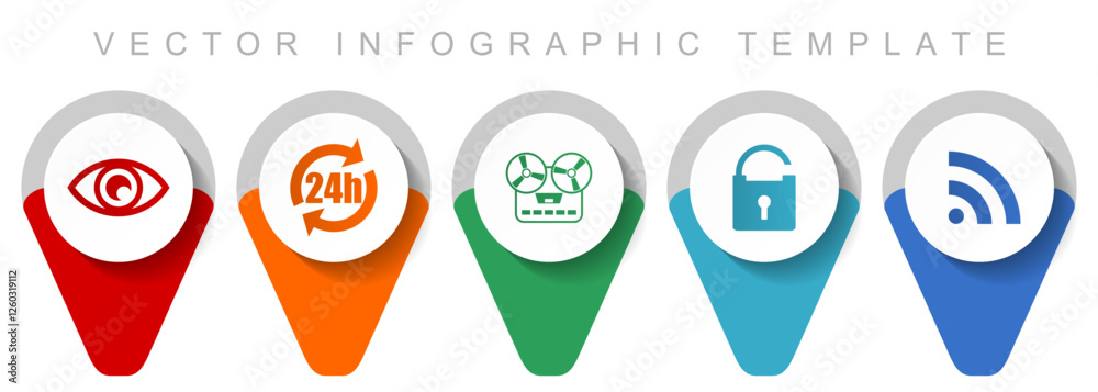 Poster media pointer collection, miscellaneous icons such as eye, 24h, music recorder, padlock and signal, 