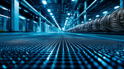 Obraz premium A wide-angle view of a massive industrial processing plant, where glowing blue lights illuminate a pile of bundled copper cables on a grated metal floor.