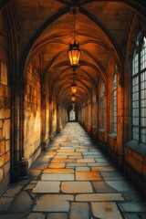 Fototapeta premium Serene stone corridor, warm light, arched ceiling.