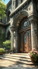 Fototapeta premium Historic building entrance, sunlight, stone, flowers