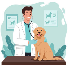 Veterinarian Examining Golden Retriever Dog with Stethoscope in Clinic